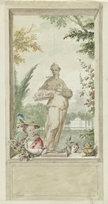 大厅的设计；闻香的雕像，旁边是一对带着鲜花的妇女和孩子