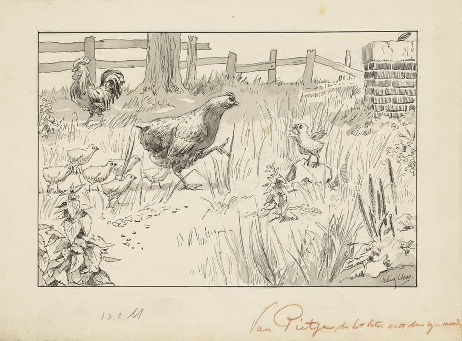 Felix Hess - Kip en kuikens in een omheind veld