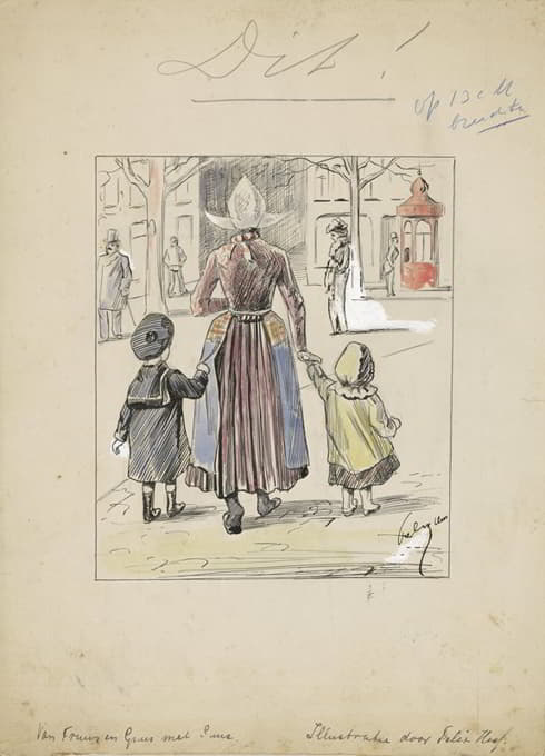 Felix Hess - Straatgezicht met een vrouw in klederdracht en twee kinderen