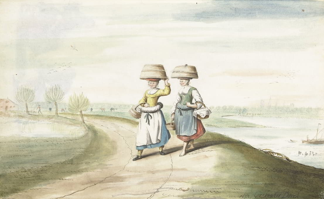 Gesina ter Borch - Twee boerenvrouwen lopend in een landschap