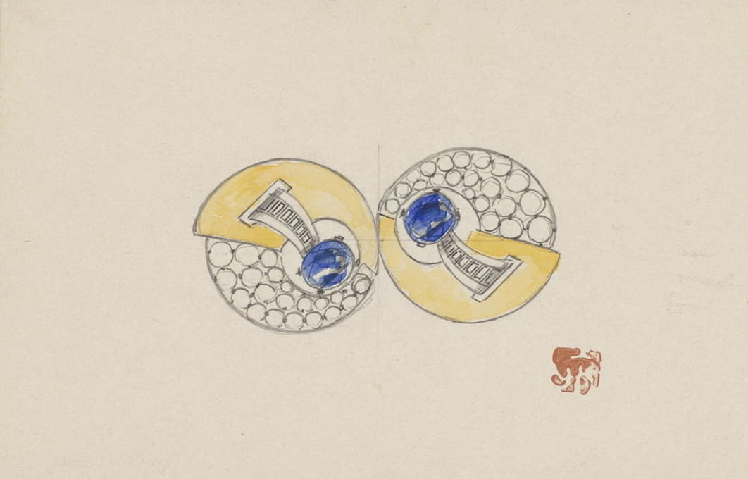 专为珠宝设计，由两个圆形半边组成，镶有黄金、蓝宝石和亮丽的宝石
