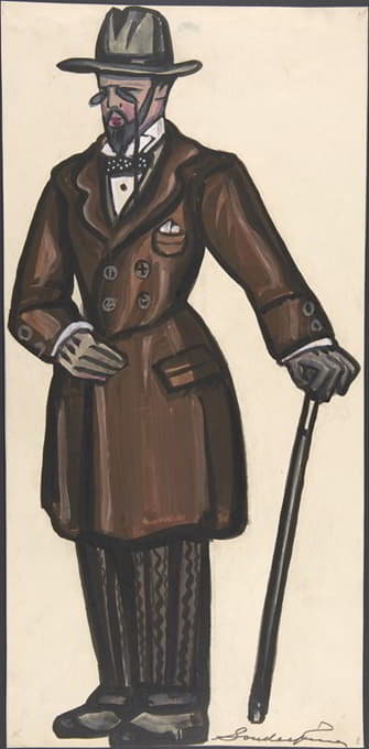 一名男子穿着棕色大衣，拄着拐杖，戴着钳子
