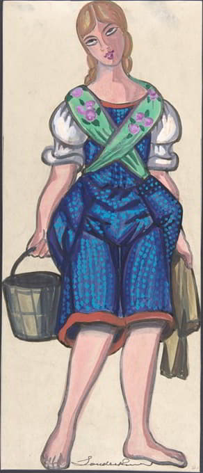 一个穿着挤牛奶女工的女人拿着一桶牛奶