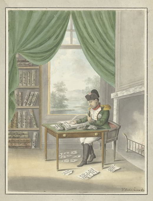Wijnand Esser - Spotprent op Napoleon; Klaas Bonaparte in zijn studeervertrek op ‘t eiland Elba, 1814