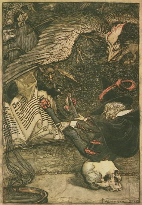 Arthur Rackham - The little man had seated himself in the centre of the circle upon the large skull