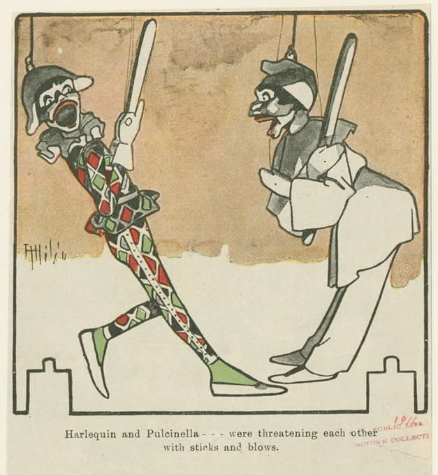 小丑和普尔西内拉…用棍棒和拳头互相威胁。