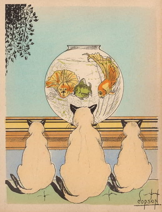 Clyde A. Copson - Three cats watching fish in an aquarium