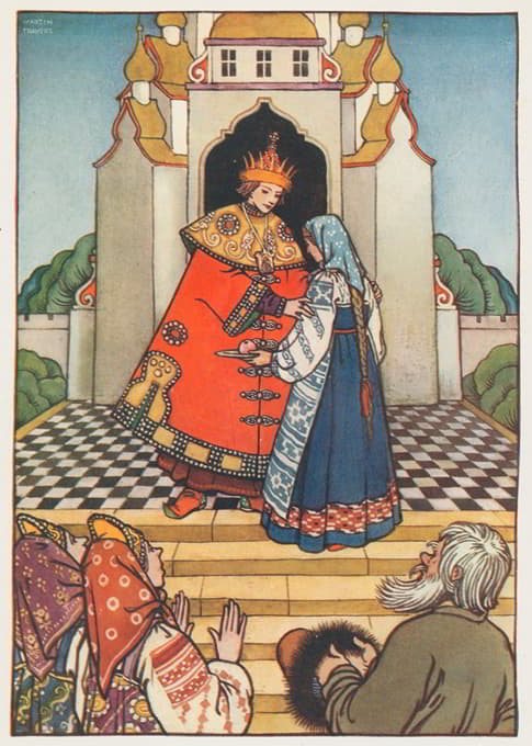 杜罗卡向沙皇展示了她在银盘上的苹果。
