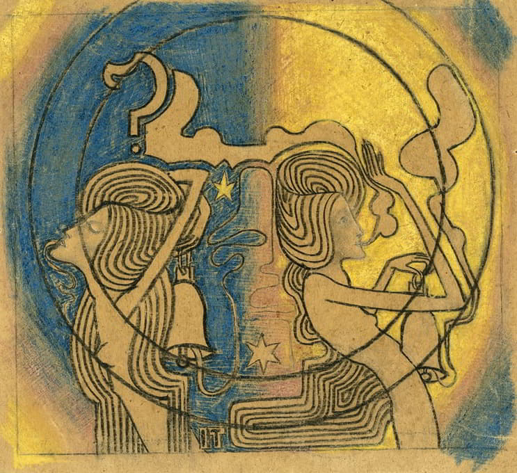 Jan Toorop - Twee gestileerde vrouwelijke figuren met klok in de hand