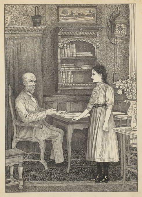 一个女孩和一个写字的男人在桌子旁