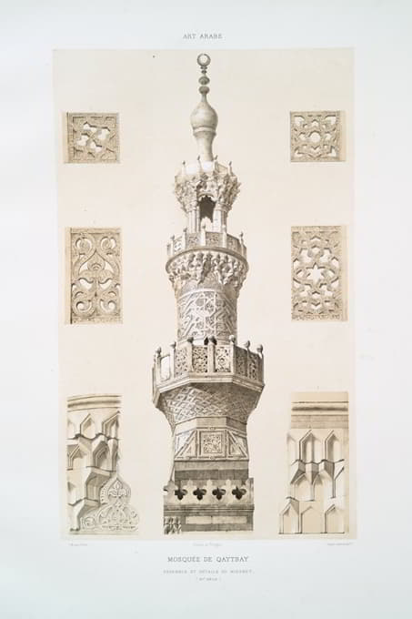 Émile Prisse d'Avennes - Mosquée de Qaytbay, ensemble et détails du minaret (XVe. siècle)