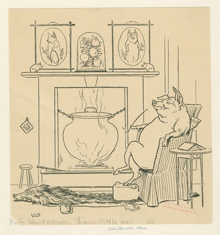 Leonard Leslie Brooke - Pig sits by the fire on the wolf rug