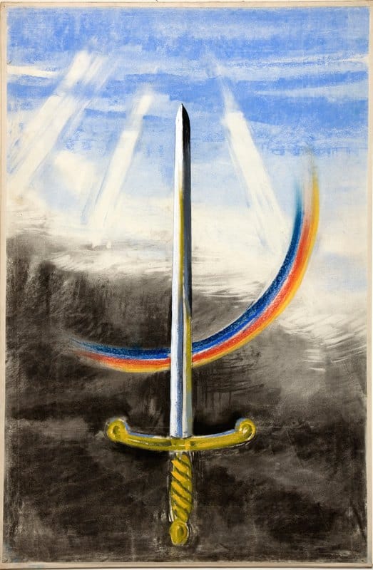 Anonymous - A sword pointing vertically upwards, on a section of rainbow