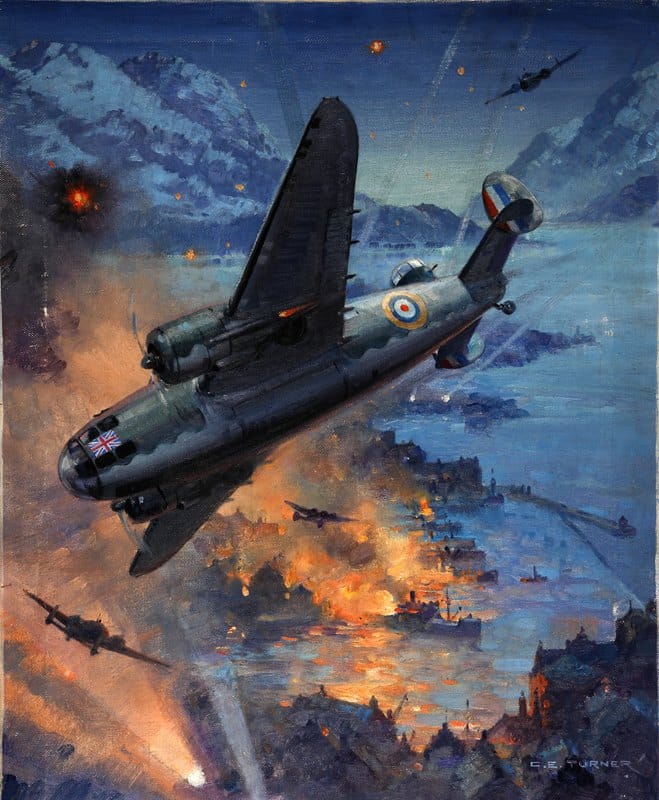 Charles E Turner - Bombing scene Description Hudson bombers on a coastal raid