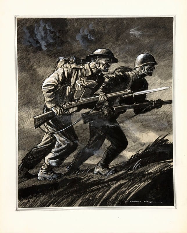 Rowland Hilder - A British soldier and a Russian soldier charging with rifles