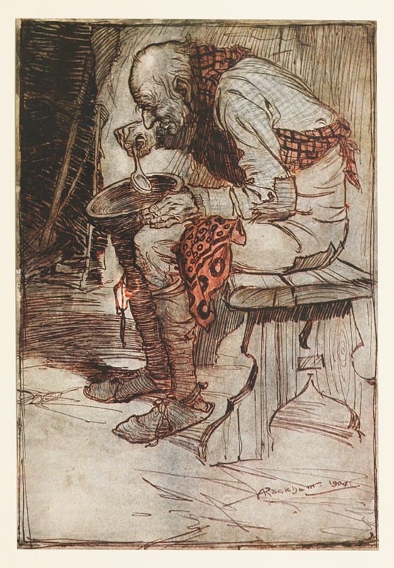 Arthur Rackham - The Old Man had to sit by himself, and ate his food from a wooden bowl