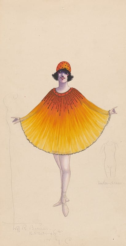 Will R. Barnes - Orange and yellow poncho-type costume with under-dress sketch