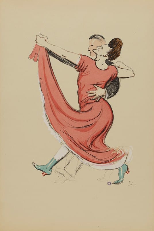 Georges Goursat (Sem) - couple dansant, femme en robe rouge