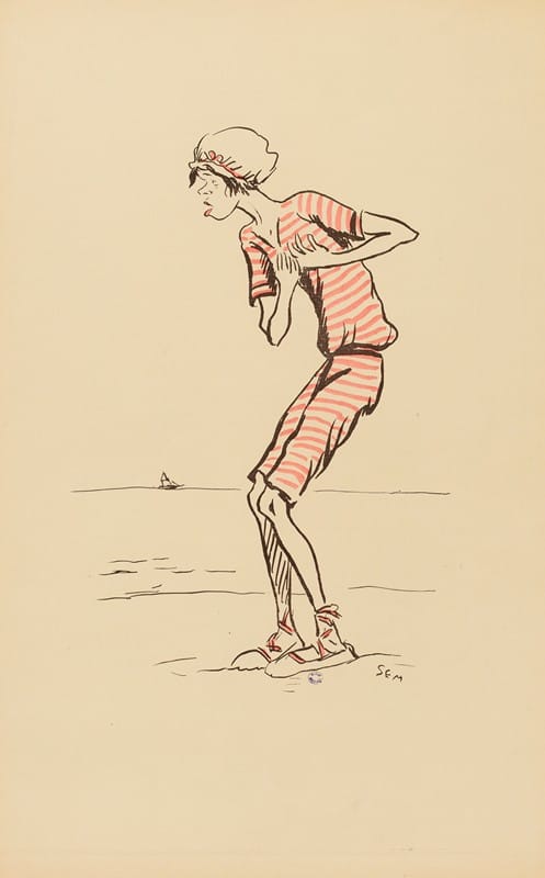 Georges Goursat (Sem) - Mme Brighton sur une plage en costume de bain
