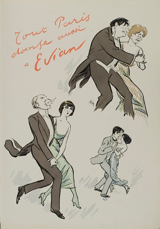 Georges Goursat (Sem) - Tout Paris danse aussi à Evian ; M de Feraudy, Melle Carlier, A Messager, Eve Lavallière, M Dearly, Regina Badet