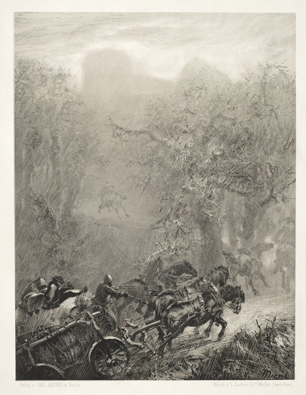 Adolph von Menzel - Essay on Stone with Brush and Scraper; The Convoy of Prisoners through a Woods
