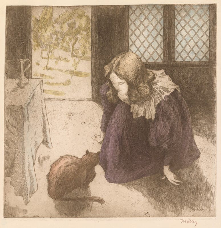 Alfredo Müller - Interior, Little Girl with Cat (La Petite fille au chat)