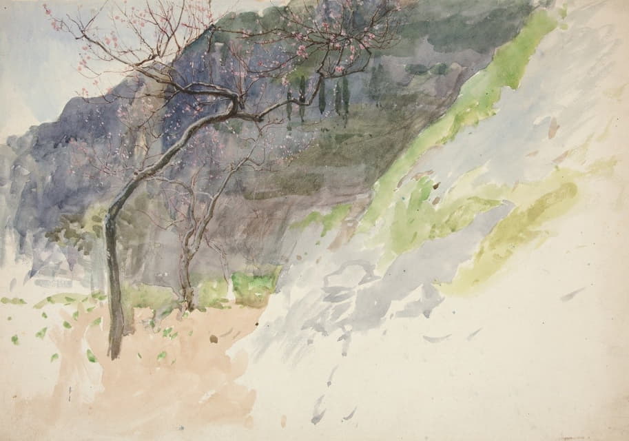Edwin Austin Abbey - Mountainous landscape with budding trees