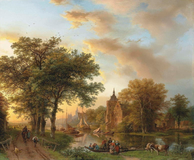 荷兰日落时的河流景观
