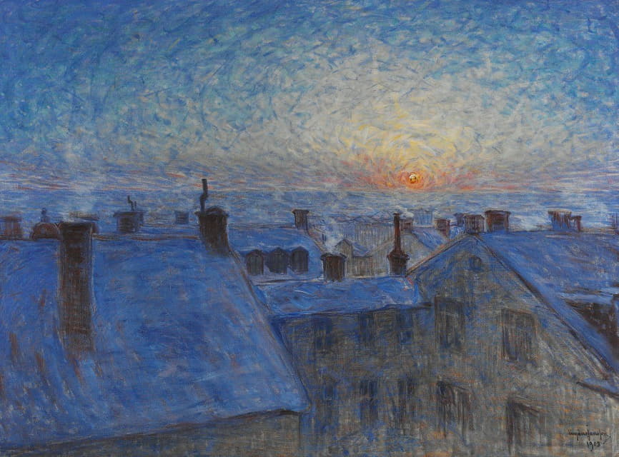 屋顶上的日出。斯德哥尔摩主题