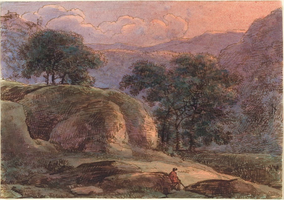 Franz Kobell - Traveler in a Mountainous Landscape at Sunset