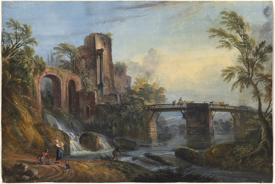 Jean-Baptiste Lallemand - Dawn Landscape with Classical Ruins