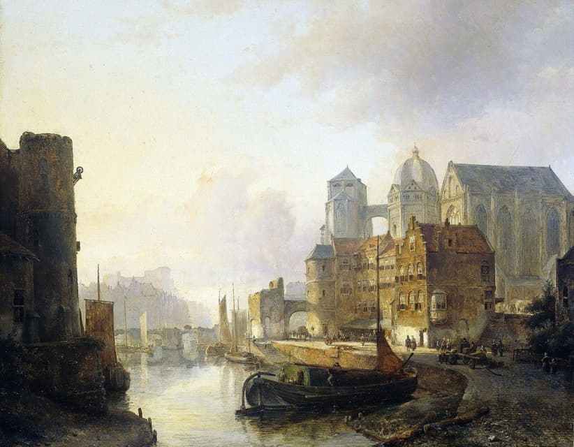 Kasparus Karsen - Imaginary View of a Riverside Town with Aachen Cathedral