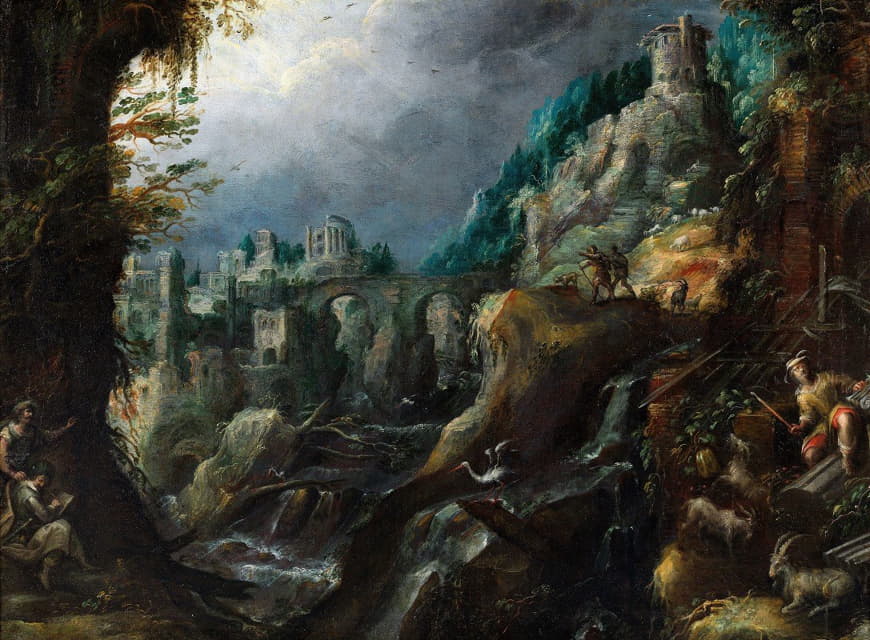 Lodewijk Toeput - Berglandskap med forsande flod, klassiska ruiner och herdar