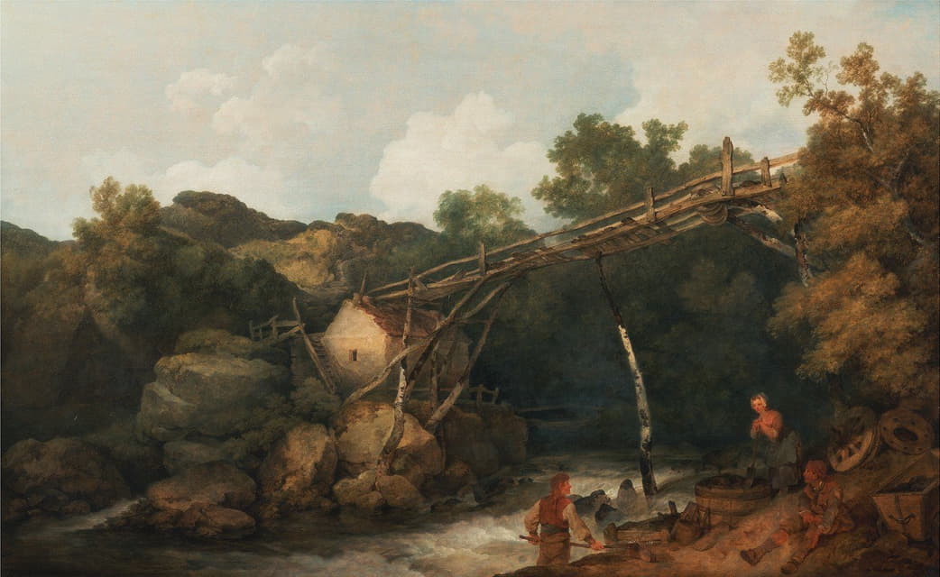Philippe-Jacques de Loutherbourg - A View near Matlock, Derbyshire with Figures Working beneath a Wooden Conveyor