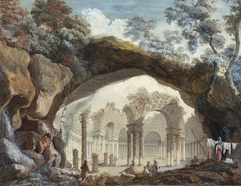 Pierre-Adrien Pâris - Architectural Fantasy – Ruins of a Circular Temple Seen through a Natural Arch