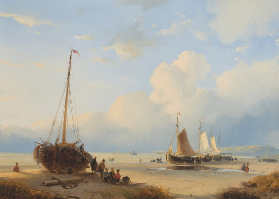 Andreas Schelfhout - Fisherfolk With Beached Vessels
