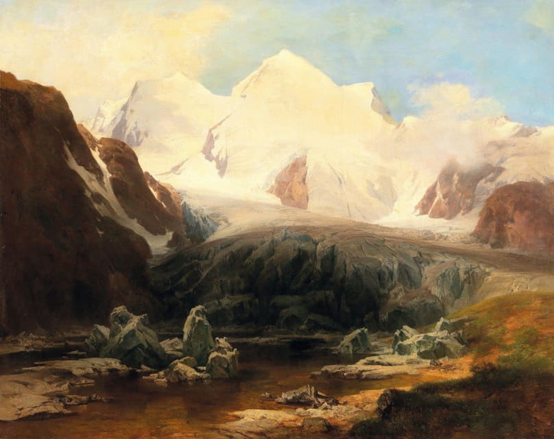 Anton Hansch - A View Of A Mountain Lake With Snow-Capped Mountains In The Background