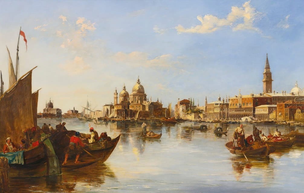 威尼斯大运河口的平底船和渔船