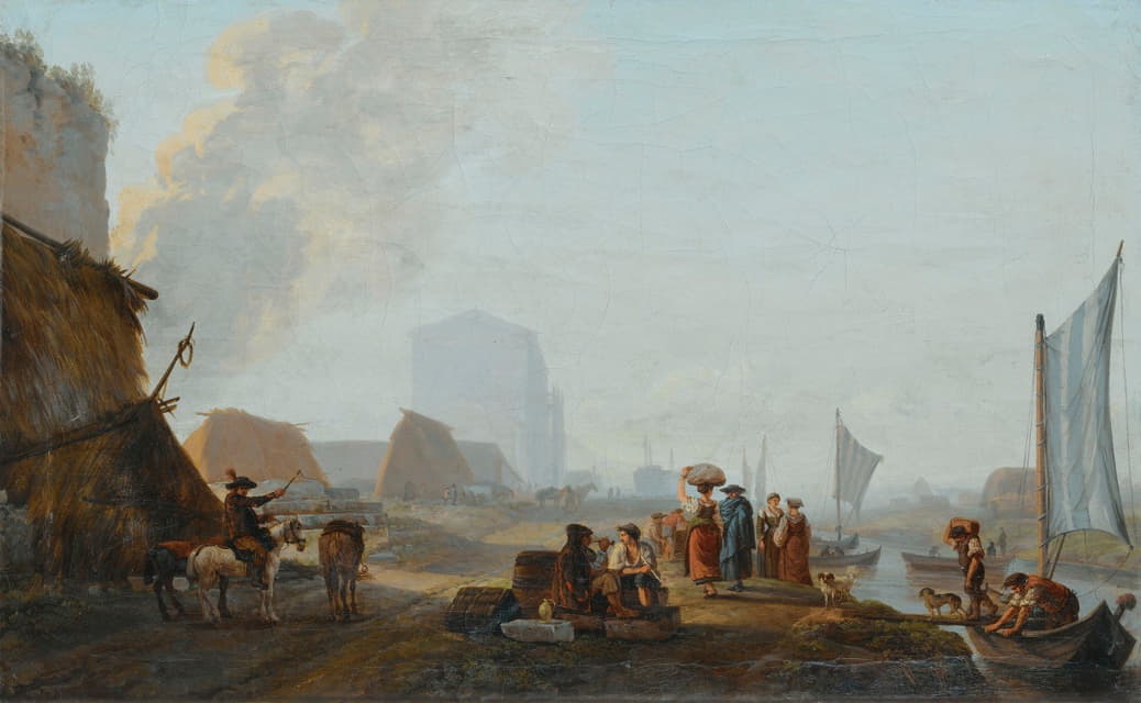 Abraham-Louis-Rodolphe Ducros - The Shore Of A River with boats