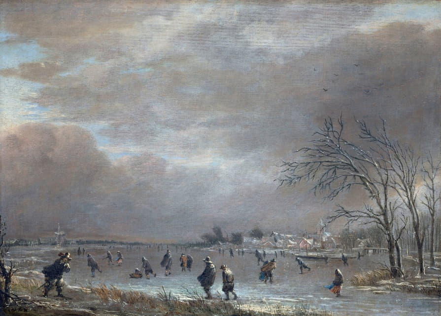 Aert van der Neer - Winter Landscape with Skaters on a Frozen River