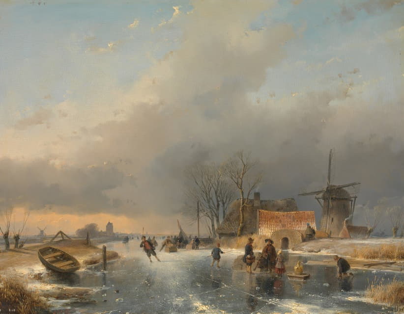 Andreas Schelfhout - A winter landscape, on the right a windmill and houses by a frozen canal