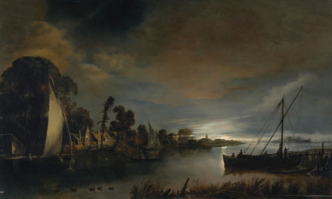 Anthonie Van Borssum - A Moonlit River Landscape