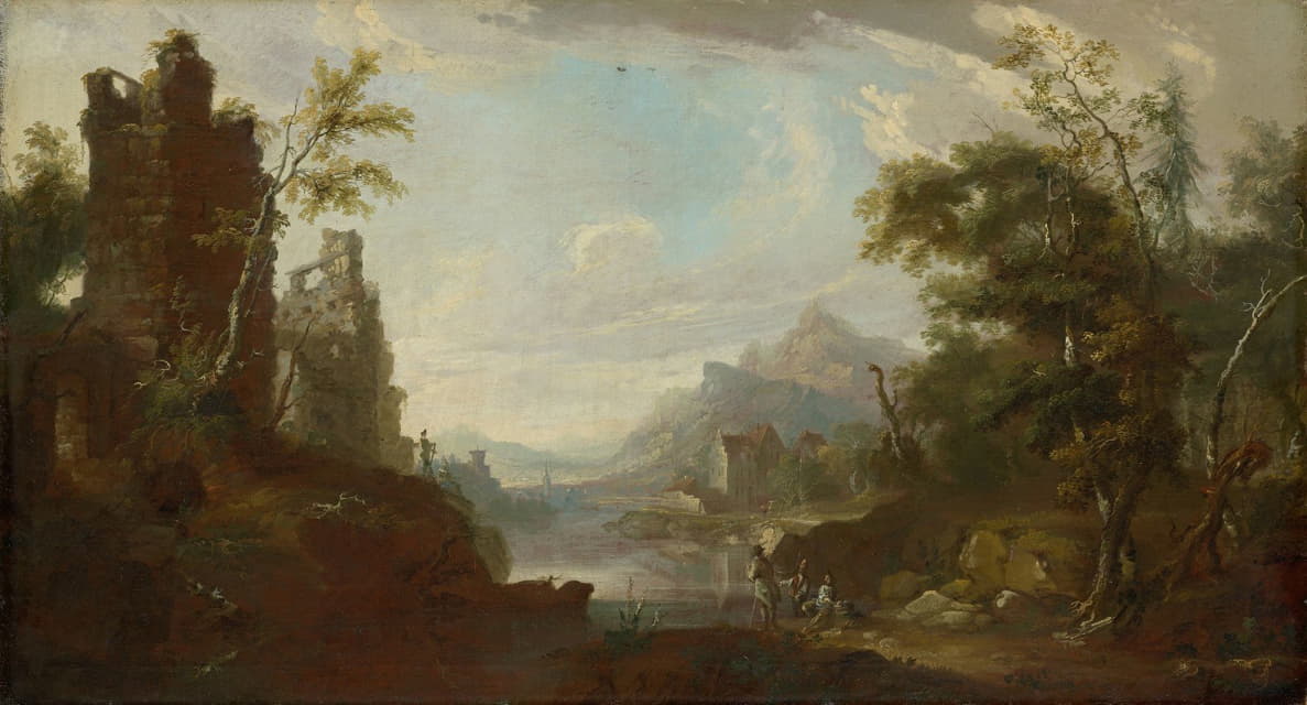 湖边一座城堡和渔夫的废墟
