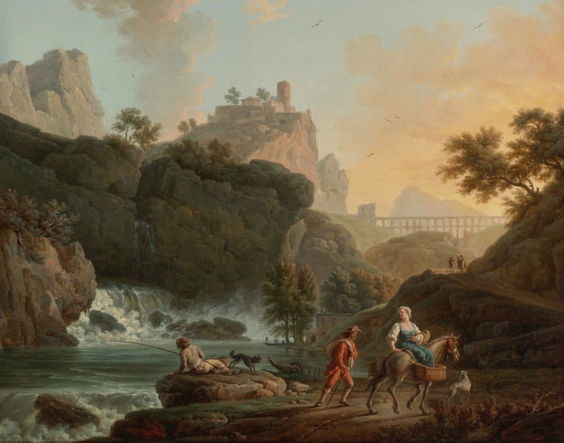 一个岩石景观，一个渔夫和旅行者在一条有瀑布的河边，远处有一条渡槽