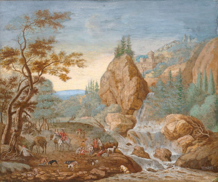 F.C. van Bracht - Mountain Landscape with a Hunting Party in the Foreground