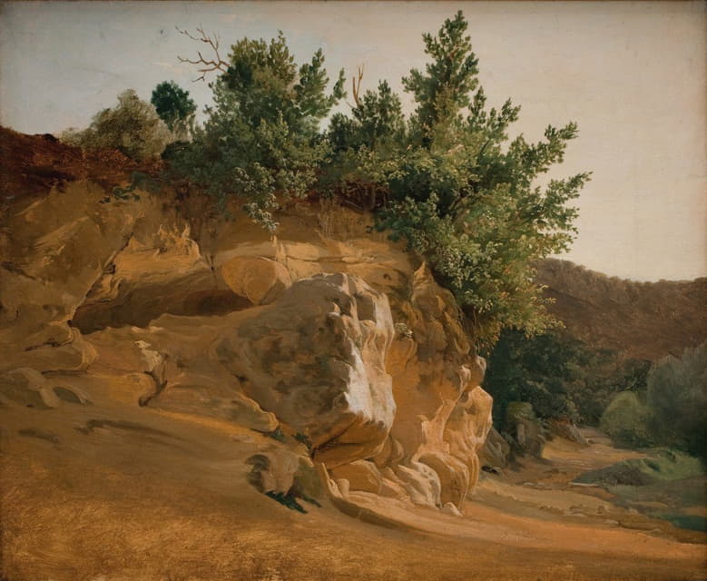 Fritz Petzholdt - Italian Mountain Landscape with Overgrown Rock, probably near Olevano