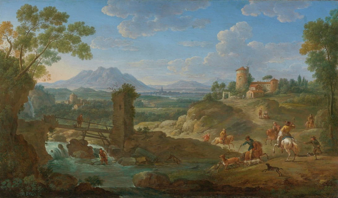 Hendrik Frans Van Lint - Elegant Hunting Party In An Extensive Landscape With Mountains Beyond