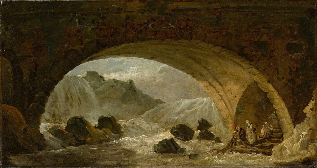 Hubert Robert - Fishermen Under a Bridge
