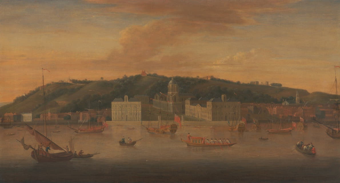 Jan Griffier - A view of Greenwich from the River with many Boats
