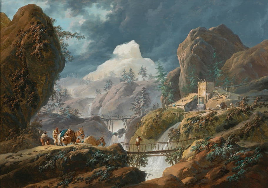 Jean-Baptiste Pillement - A Mountainous Landscape With Two Foot Bridges And Travelers